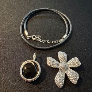 Elegant Silver and Black Choker with 2 Pendants